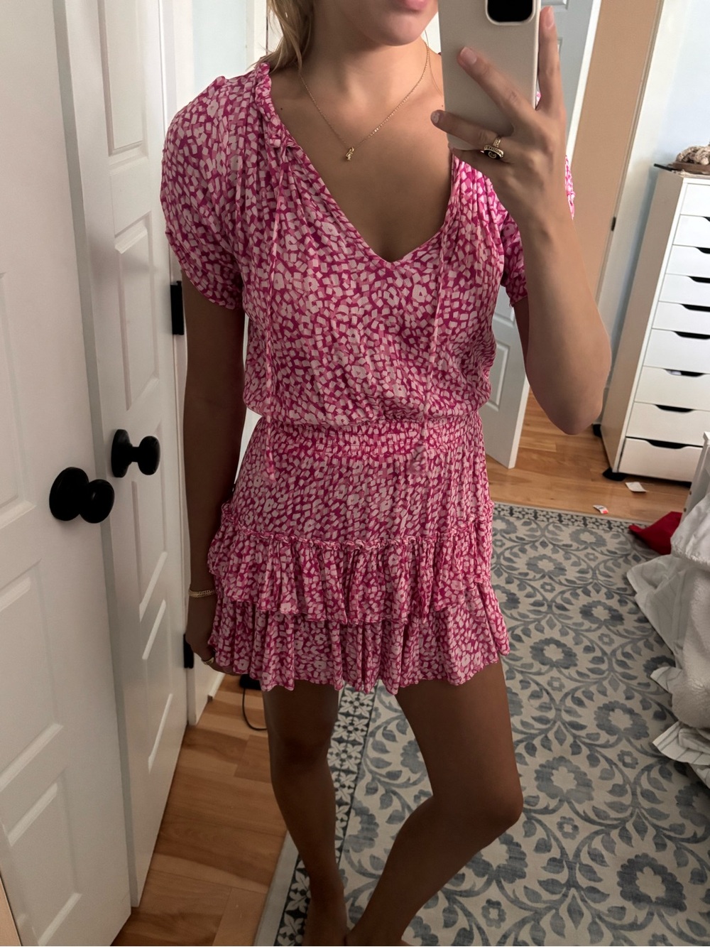 Skylar + Madison Pink Printed Tie-Front Tiered Mini Dress